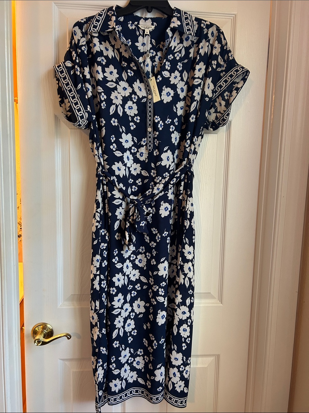 Max Studio Navy and White Floral Dress with Tie Waist-Sz M